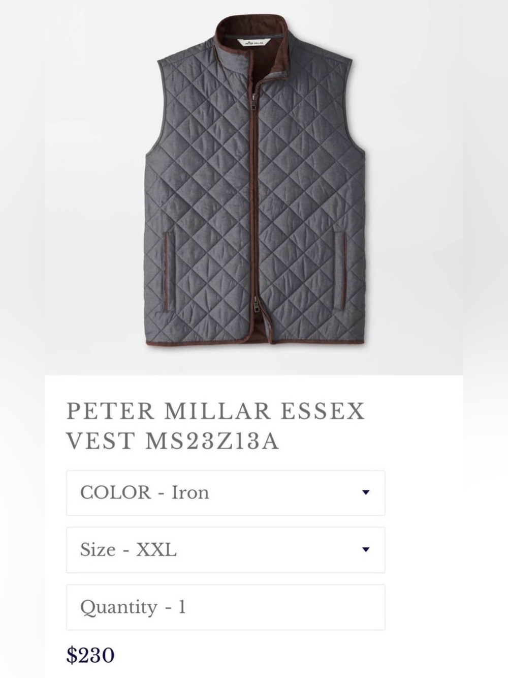 Peter Millar Quilted Vest in Iron Gray with Brown Trim